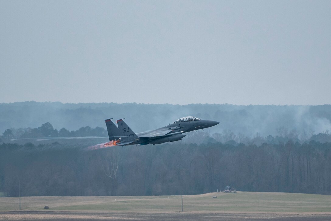 An F-15E Strike Eagle from the 333rd Fighter Squadron takes off at Seymour Johnson Air Force Base, North Carolina, Jan. 14, 2021.