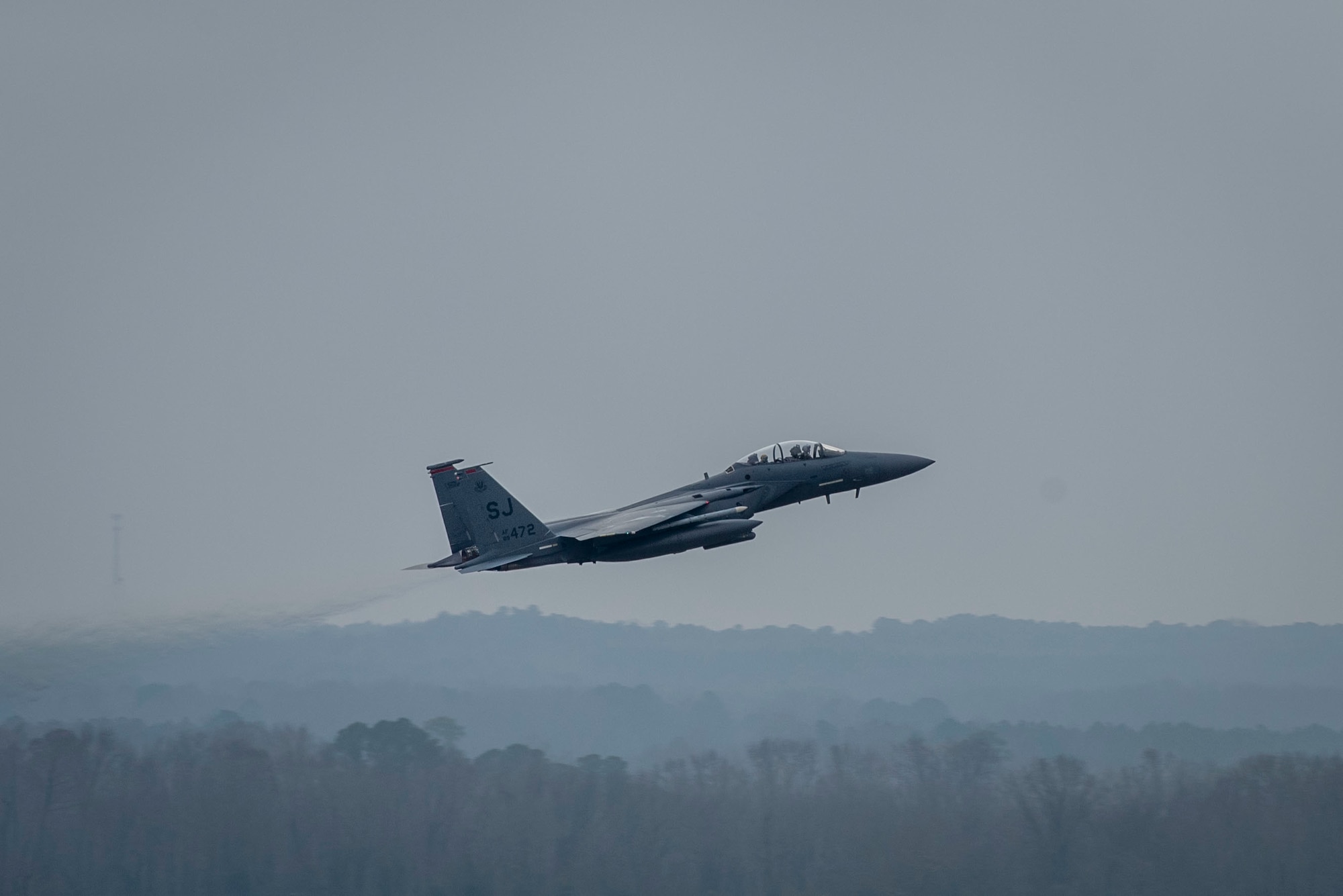 An F-15E Strike Eagle from the 333rd Fighter Squadron takes off at Seymour Johnson Air Force Base, North Carolina, Jan. 14, 2021.