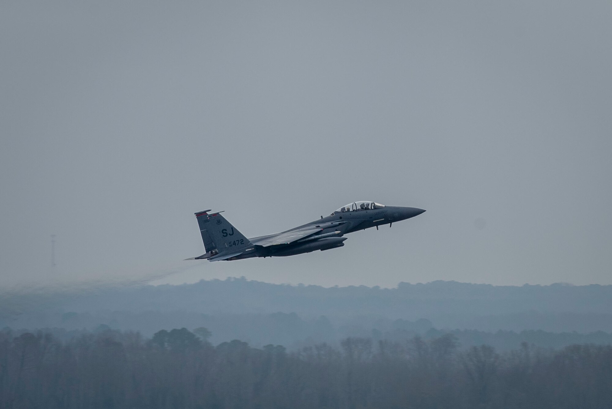 An F-15E Strike Eagle from the 333rd Fighter Squadron takes off at Seymour Johnson Air Force Base, North Carolina, Jan. 14, 2021.