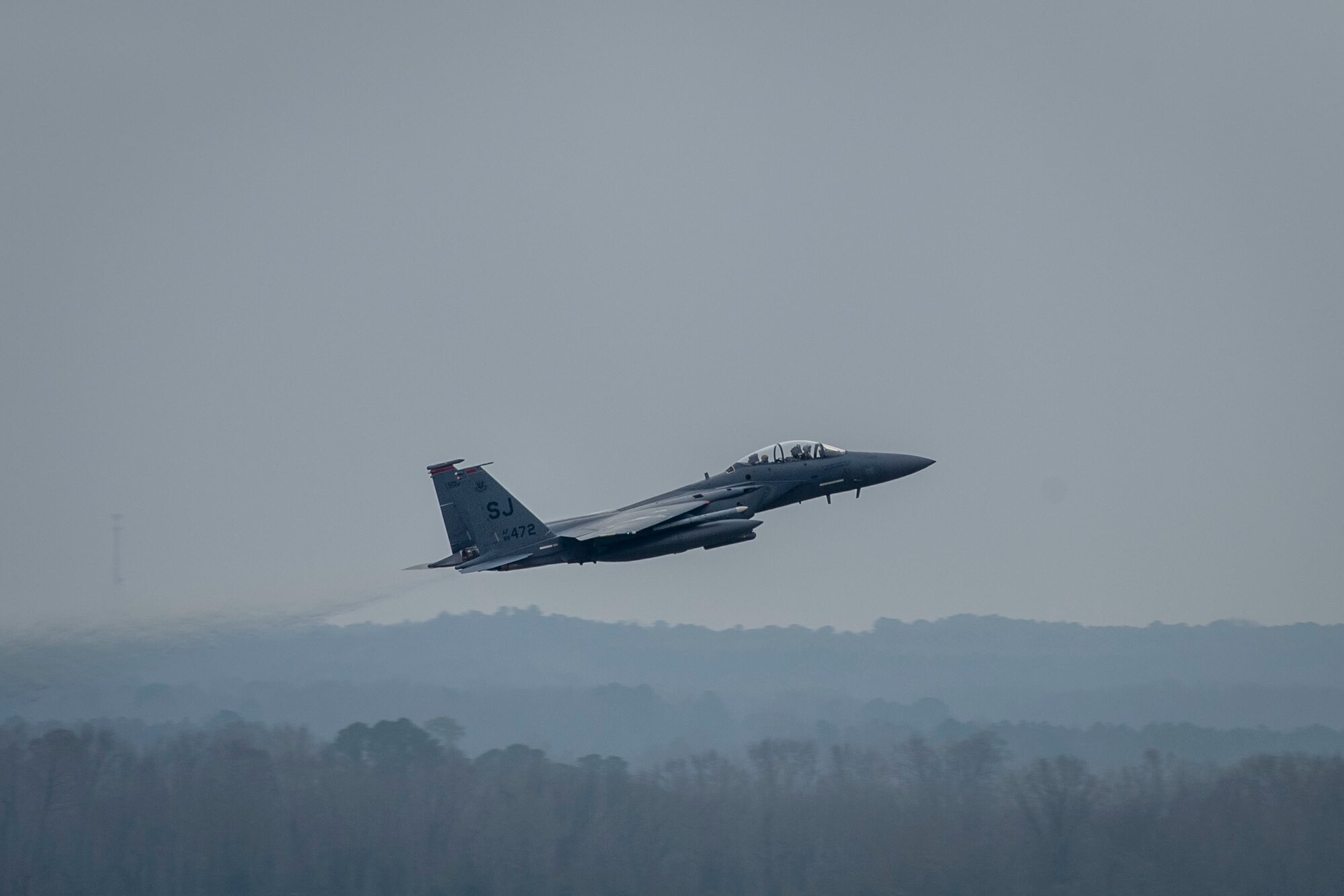 An F-15E Strike Eagle from the 333rd Fighter Squadron takes off at Seymour Johnson Air Force Base, North Carolina, Jan. 14, 2021.