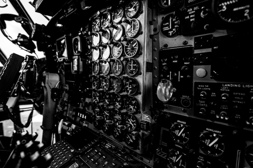 The cockpit of an aircraft.