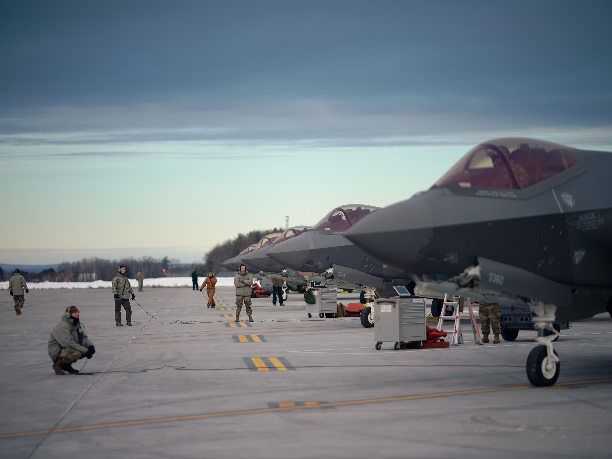 Pilots, crew chiefs and maintainers assigned to the 158th Fighter Wing, Vermont Air National Guard, launch 10 F-35A Lightning II aircraft assigned to the wing during January drill.