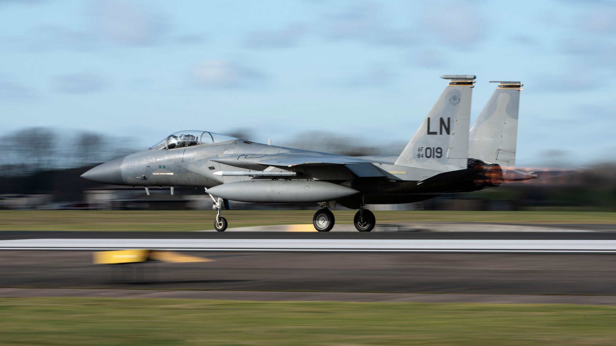 An F-15C Eagle assigned to the 493rd Fighter Squadron takes off at Royal Air Force Lakenheath, England, Jan. 21, 2021. The 48th Fighter Wing is dedicated to developing a force of multi-capable Airmen to drive the mission more effectively through the integration of Agile Combat Employment concepts. (U.S. Air Force photo by Airman 1st Class Jessi Monte)