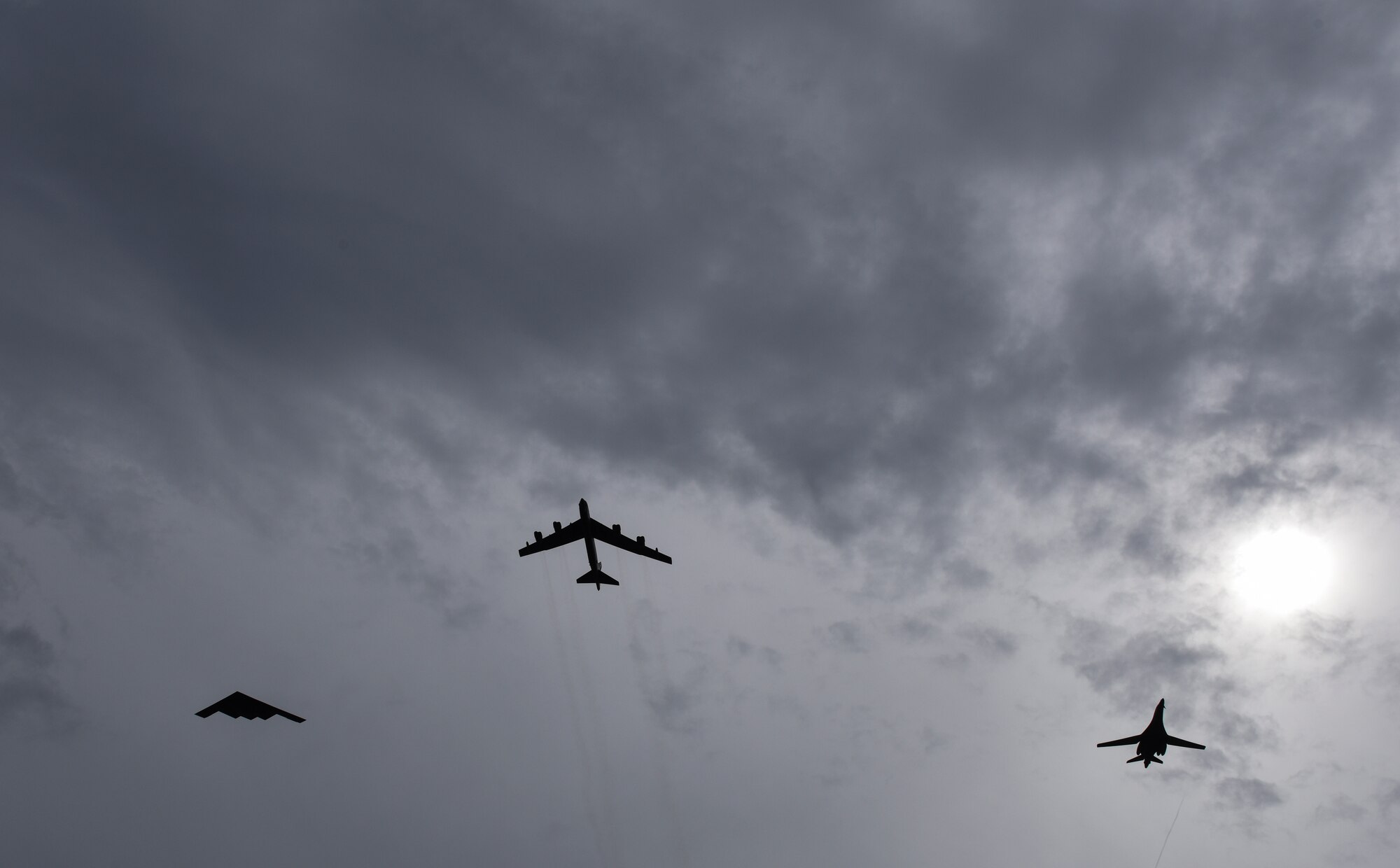 A U.S. Air Force B-52 Stratofortress, B-1 Lancer and B-2 Spirit fly over Guam after launching from Andersen Air Force Base, Guam, for an integrated bomber operation, Aug.17, 2016.