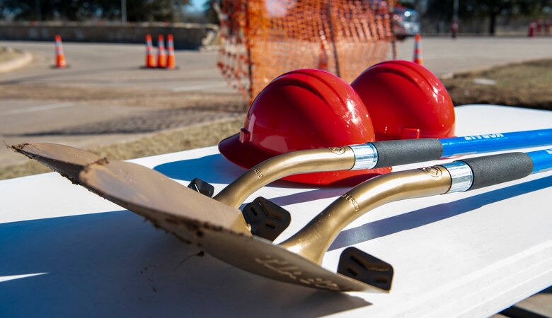 Hardhats and golden shovels were used by the 7th Bomb Wing commander and Abilene Mayor during the Visitor Control Center’s groundbreaking ceremony at Dyess Air Force Base, Texas, Jan. 25, 2021.
