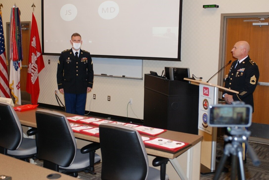 Sgt. Robert Keys, U.S. Army Prime Power School graduate and the class recipient of the Sapper Spirit Award, introduces himself during a virtual graduation ceremony held at the Digital Training Center in Fort Leonard Wood, Mo., Dec. 15, 2020. During the ceremony, 13 Prime Power School students received certificates acknowledging completion of a rigorous year-long training course focused on building the students’ knowledge, skills and abilities to help support the operational energy continuum and safely solve the nation’s power challenges.