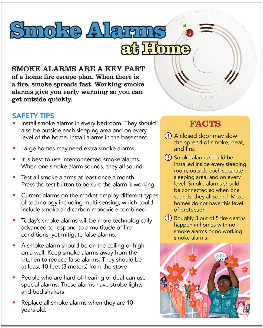 Smoke alarms are a key part of a home fire escape plan. When there is a fire, smoke spreads fast. Working smoke alarms give people an early warning so they can get outside quickly.