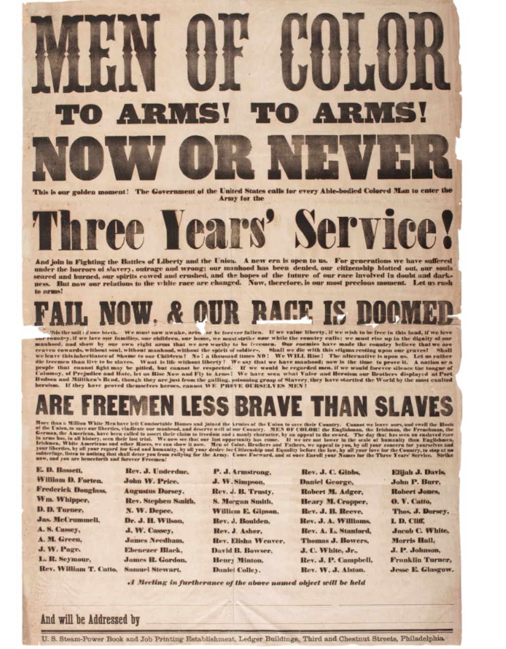 A flyer from the 1860s urges "men of color" to enlist in the Union Army.
