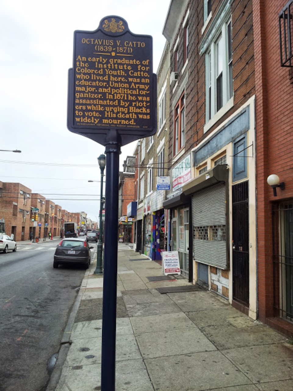 A historical marker on a city street marks the place where Octavius Catto lived.