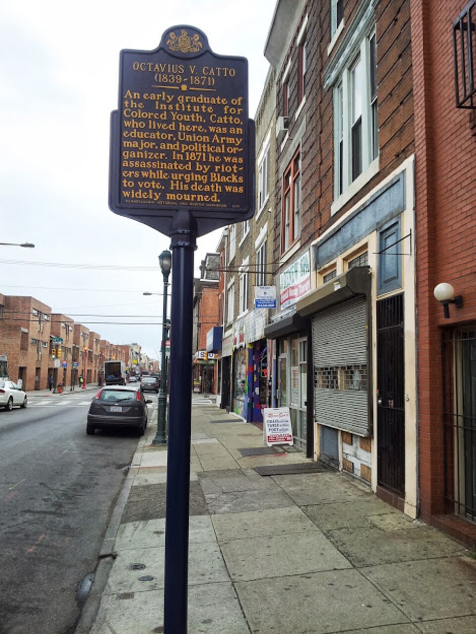 A historical marker on a city street marks the place where Octavius Catto lived.