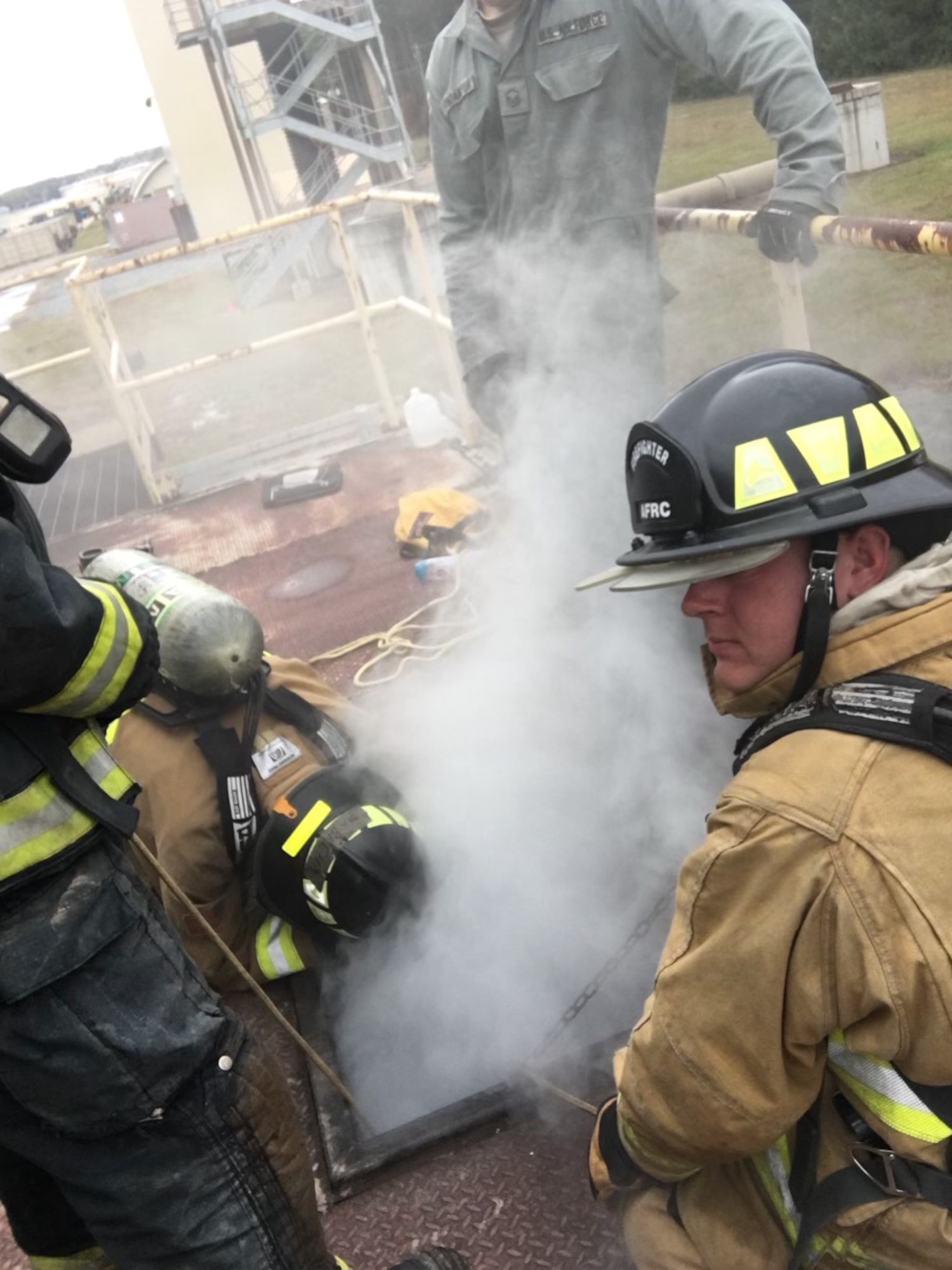 Master Sgt. Aaron Brindamour 914th Civil Engineer Squadron, training manager,  instructs sub-floor rescue during Firefighter Rescue and Survival Course at Dobbins Air Reserve Base, Georgia on 8 November, 2018. The goal of the Firefighter Rescue and Survival Course to refine the life-saving skills necessary to fight fires safely and effectively