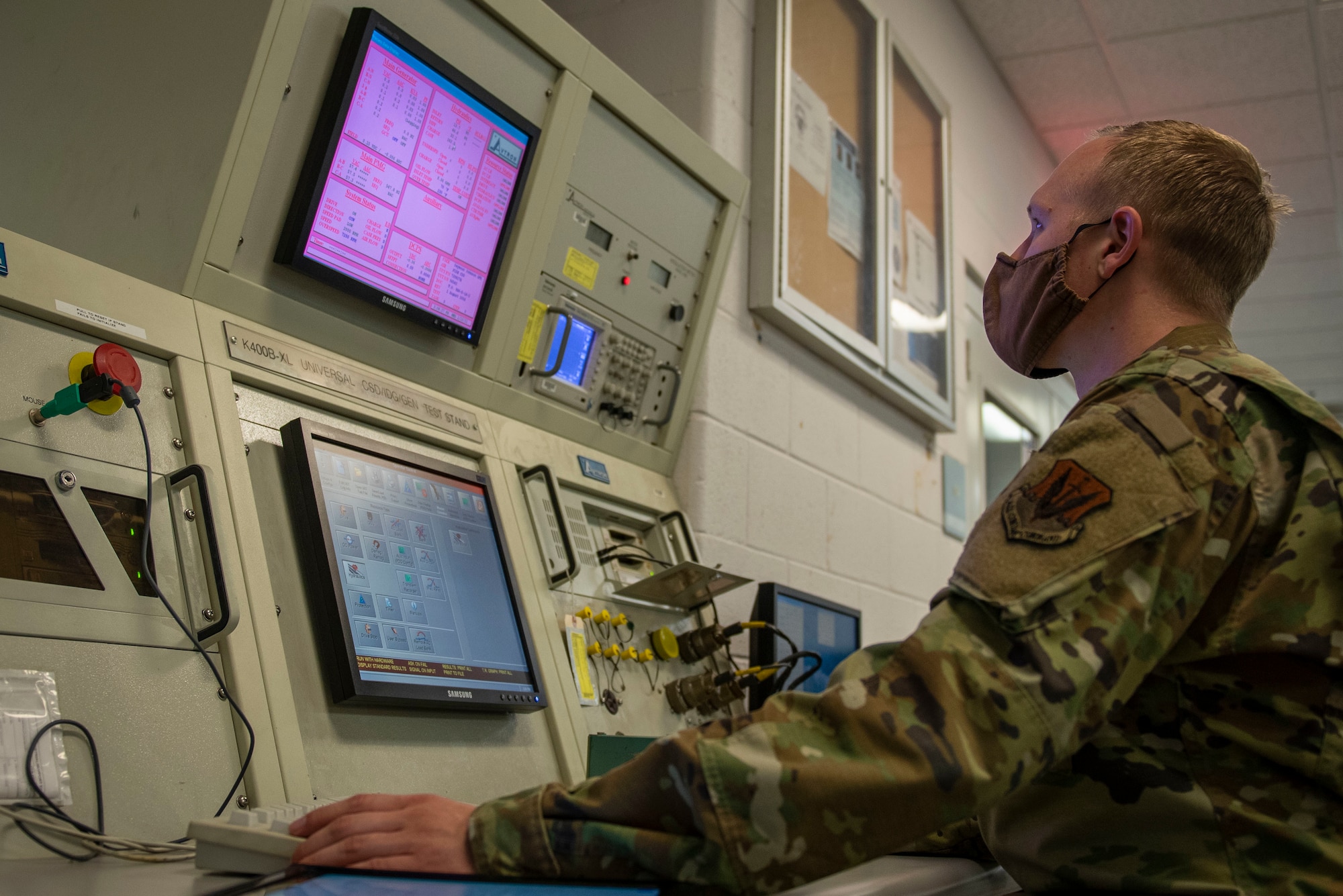 Senior Airman Alex McFarland, 4th Component Maintenance Squadron electrical and environmental specialist, uses a K400 stand to test an integrated drive generator at Seymour Johnson Air Force Base, North Carolina, Jan. 13, 2021.