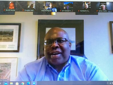 Retired Navy Rear Adm. Eric Young, chairman of San Antonio’s Navy Talent Acquisition Group Assistance Council, or NTAGAC, speaks with retired service members, civic/veteran groups, educators, and business representatives via video conference during the first NTAGAC meeting of 2021.