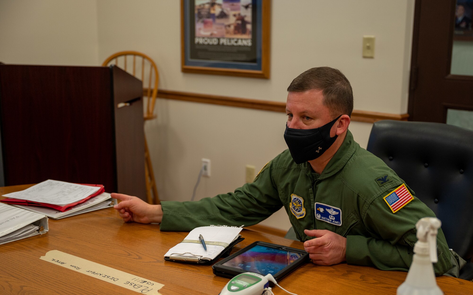 Col. Matthew Jones, 436th Airlift Wing commander, attends a pre-mission briefing at the 9th Airlift Squadron on Dover Air Force Base, Delaware, Jan. 19, 2021. Dover AFB supports 20% of the nation’s strategic airlift and routinely flies local training missions to sustain mission readiness for global operations. (U.S. Air Force photo by Airman 1st Class Faith Schaefer)