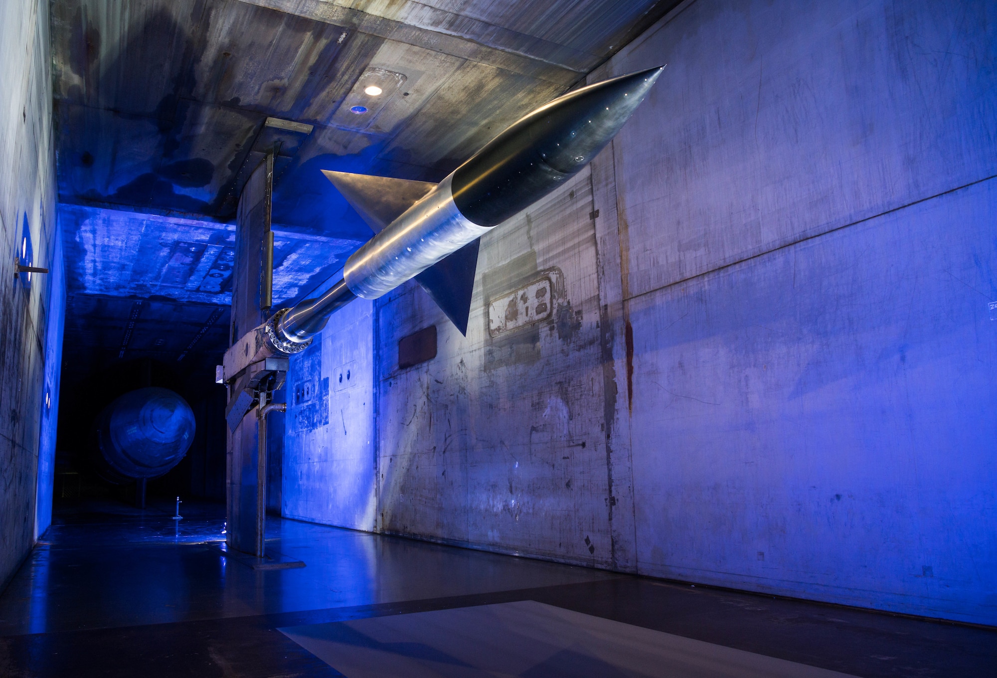 An AGARD-B model is seen here mounted on a sting in the 16-foot supersonic wind tunnel at Arnold Air Force Base, Tenn., Jan. 18, 2021. A test run with the AGARD-B model was the culmination of a multi-year effort to return Tunnel 16S to service. (U.S. Air Force photo by Jill Pickett)