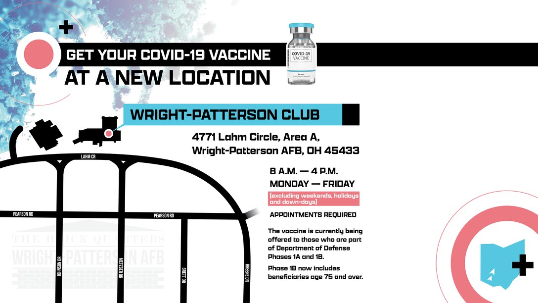 Graphic provides info about new vaccine administration location on Wright-Patterson Air Force Base.