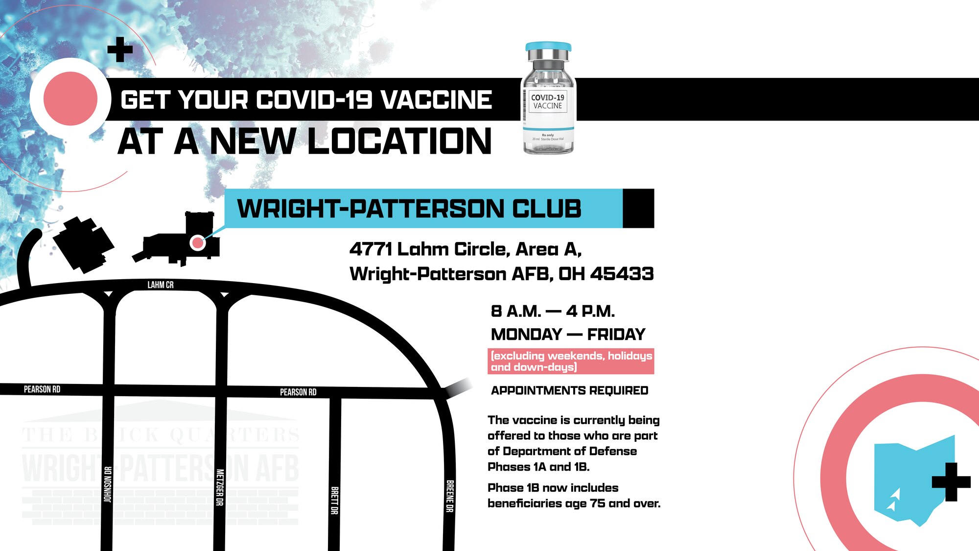 Graphic provides info about new vaccine administration location on Wright-Patterson Air Force Base.