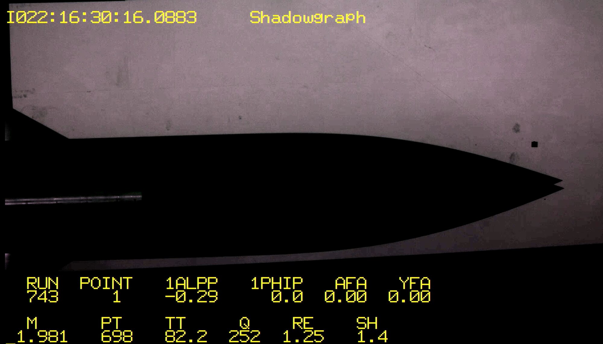 A shadowgraph image created during an air flow run of the 16-foot supersonic wind tunnel at Arnold Air Force Base, Tenn. in January. The imaging technique allows engineers to see density gradients in the flow field in order to visualize the flow. (U.S. Air Force photo)