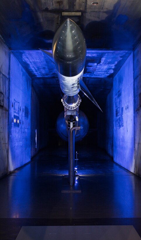 An AGARD-B model is seen here mounted on a sting in the 16-foot supersonic wind tunnel at Arnold Air Force Base, Tenn., Jan. 18, 2021. A test run with the AGARD-B model was the culmination of a multi-year effort to return Tunnel 16S to service. (U.S. Air Force photo by Jill Pickett)