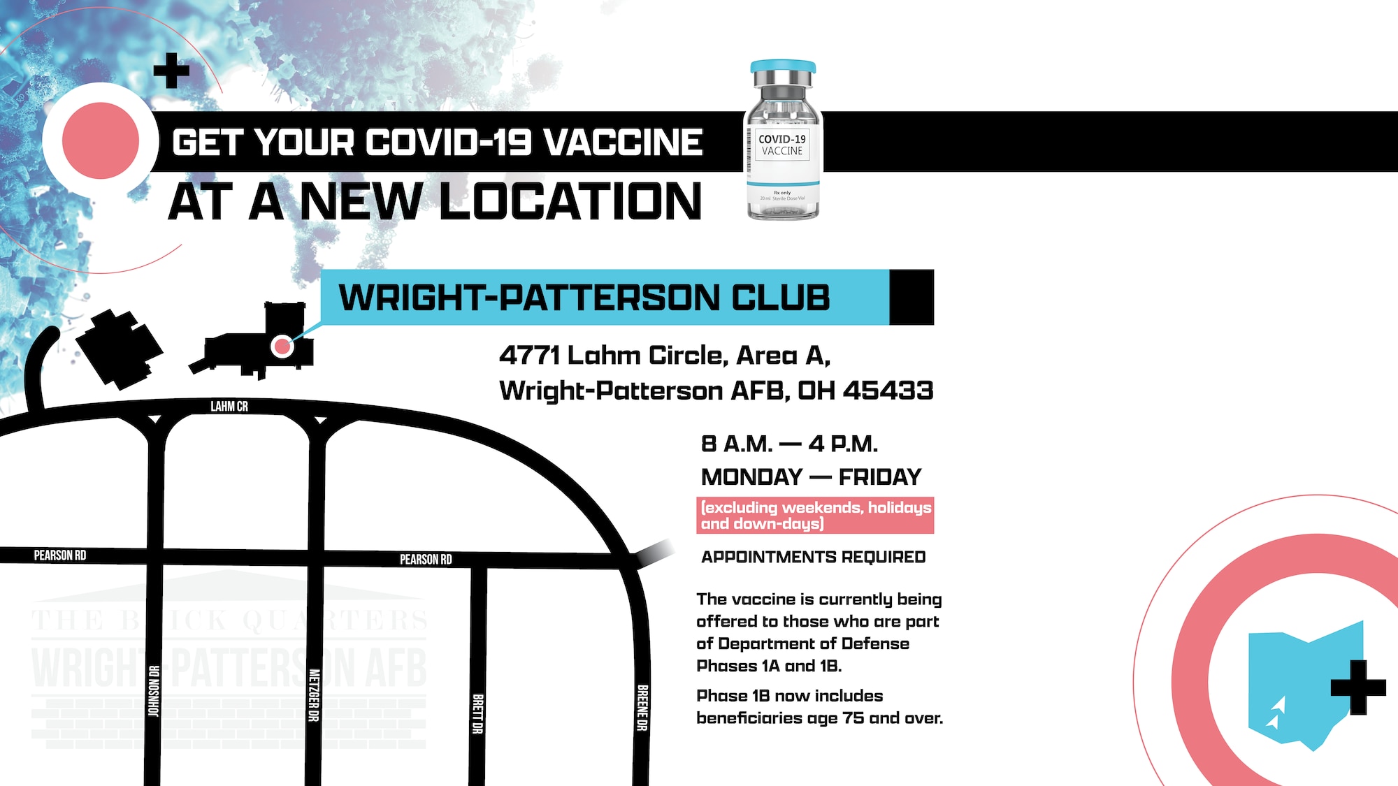 Graphic provides info about new vaccine administration location on Wright-Patterson Air Force Base.