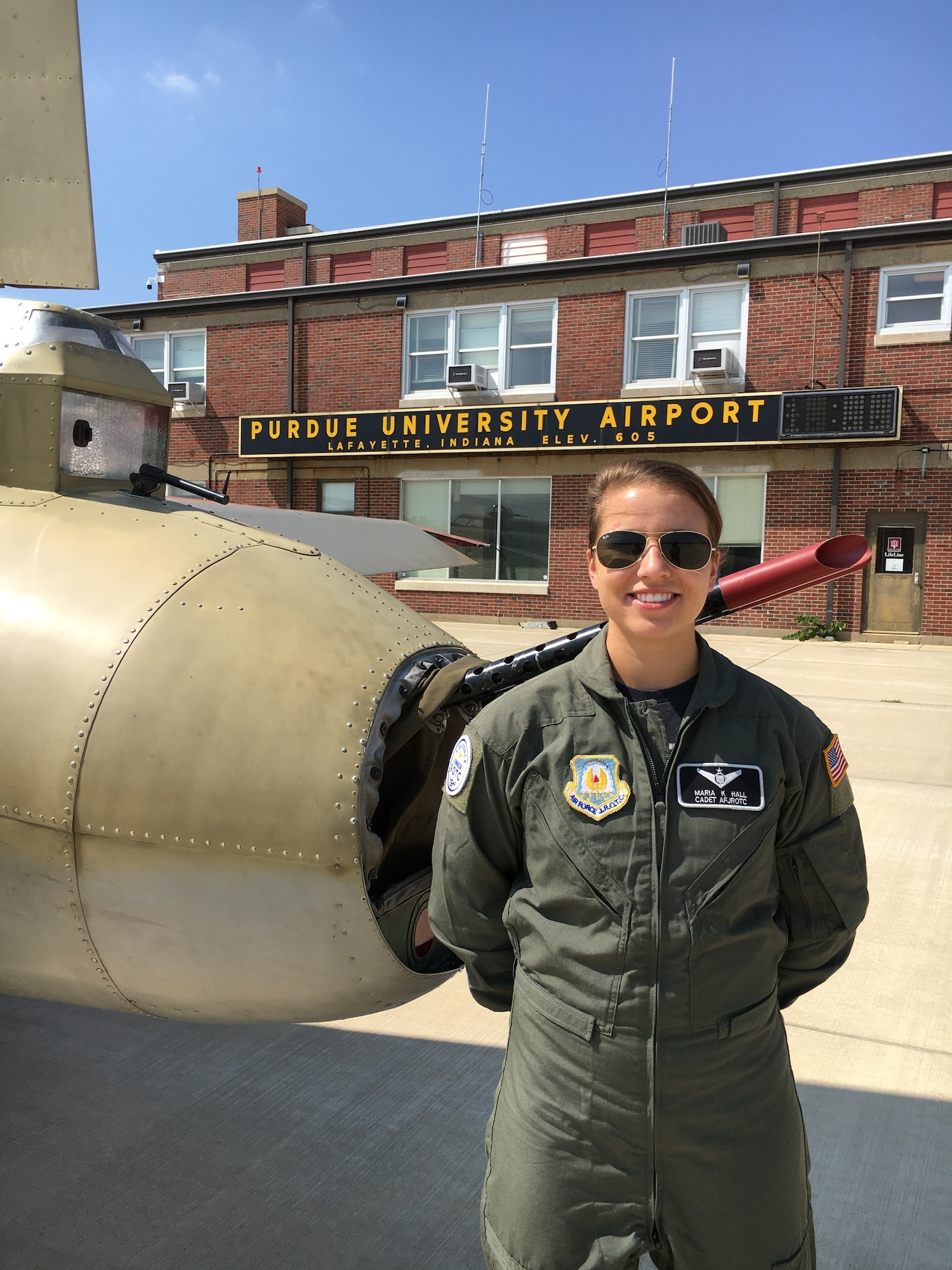 Former Air Force Junior ROTC Cadet Maria Hall, TX-20063, stands in front of a vintage aircraft at the Purdue University Airport as part of the college’s 2018 Flight Academy class. She currently attends Texas A&M University as a sophomore engineering major and contracted Air Force ROTC cadet at Detachment 805. She said the Flight Academy has allowed her to continue to fly and pursue an instrument rating.