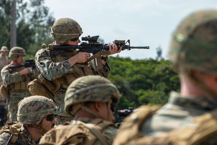U.S. Marines conduct the table one range during 3rd Marine Division Rifle Squad Competition at Camp Hansen, Okinawa, Japan, Jan. 15.