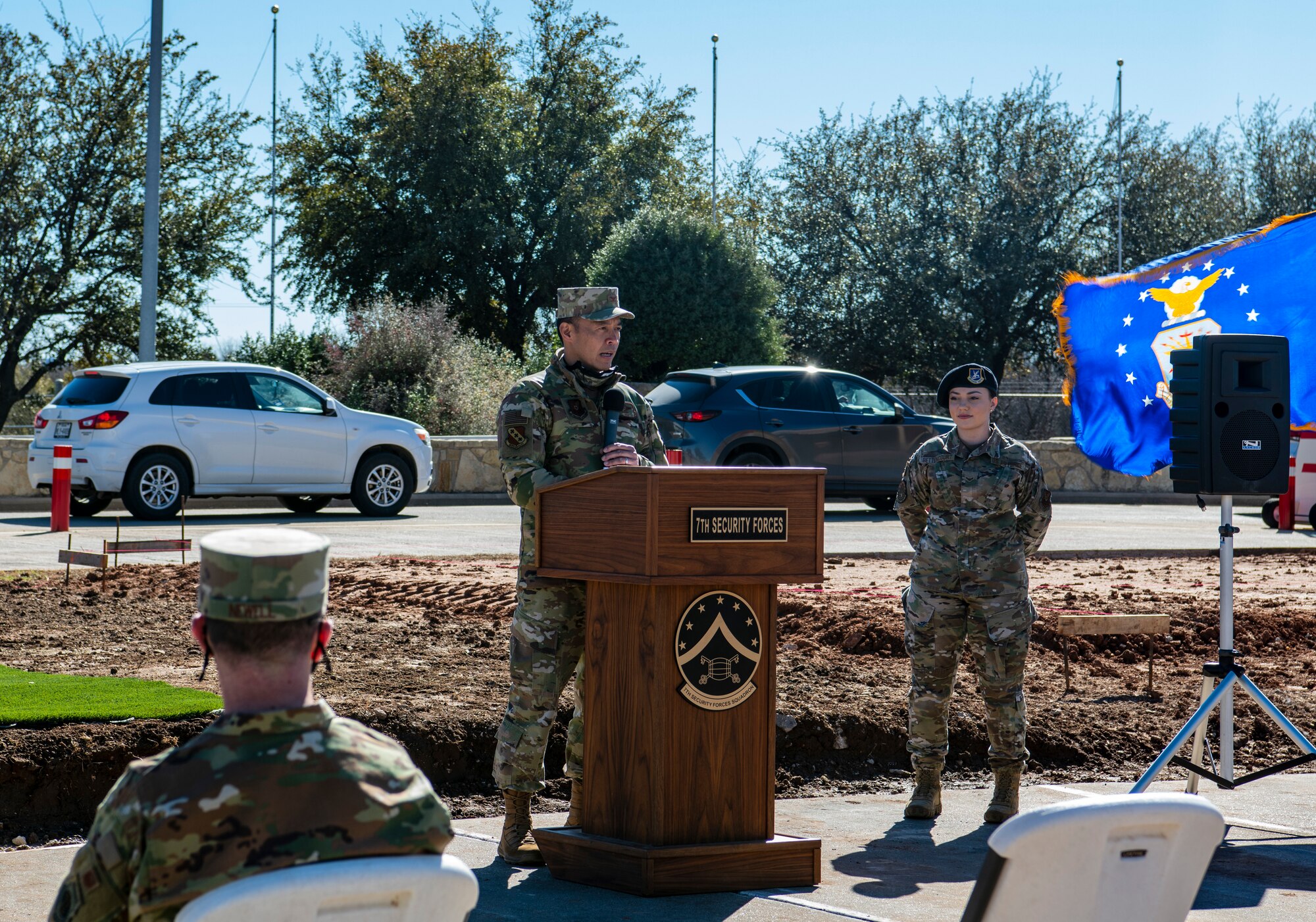 Col. Ed Sumangil, 7th Bomb Wing commander, speaks during the Visitor Control Center’s groundbreaking ceremony at Dyess Air Force Base, Texas, Jan. 25, 2021.