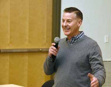 Col. John "Ryan" Bailey, commander of the U.S. Army Medical Materiel Agency, welcomes fellow USAMMA leaders during a strategic workshop meeting on Jan. 20 at Fort Detrick, Maryland.