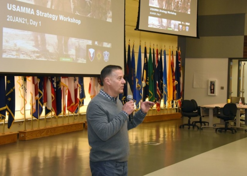 Col. John "Ryan" Bailey, commander of the U.S. Army Medical Materiel Agency, welcomes fellow USAMMA leaders during a strategy workshop meeting on Jan. 20 at Fort Detrick, Maryland.