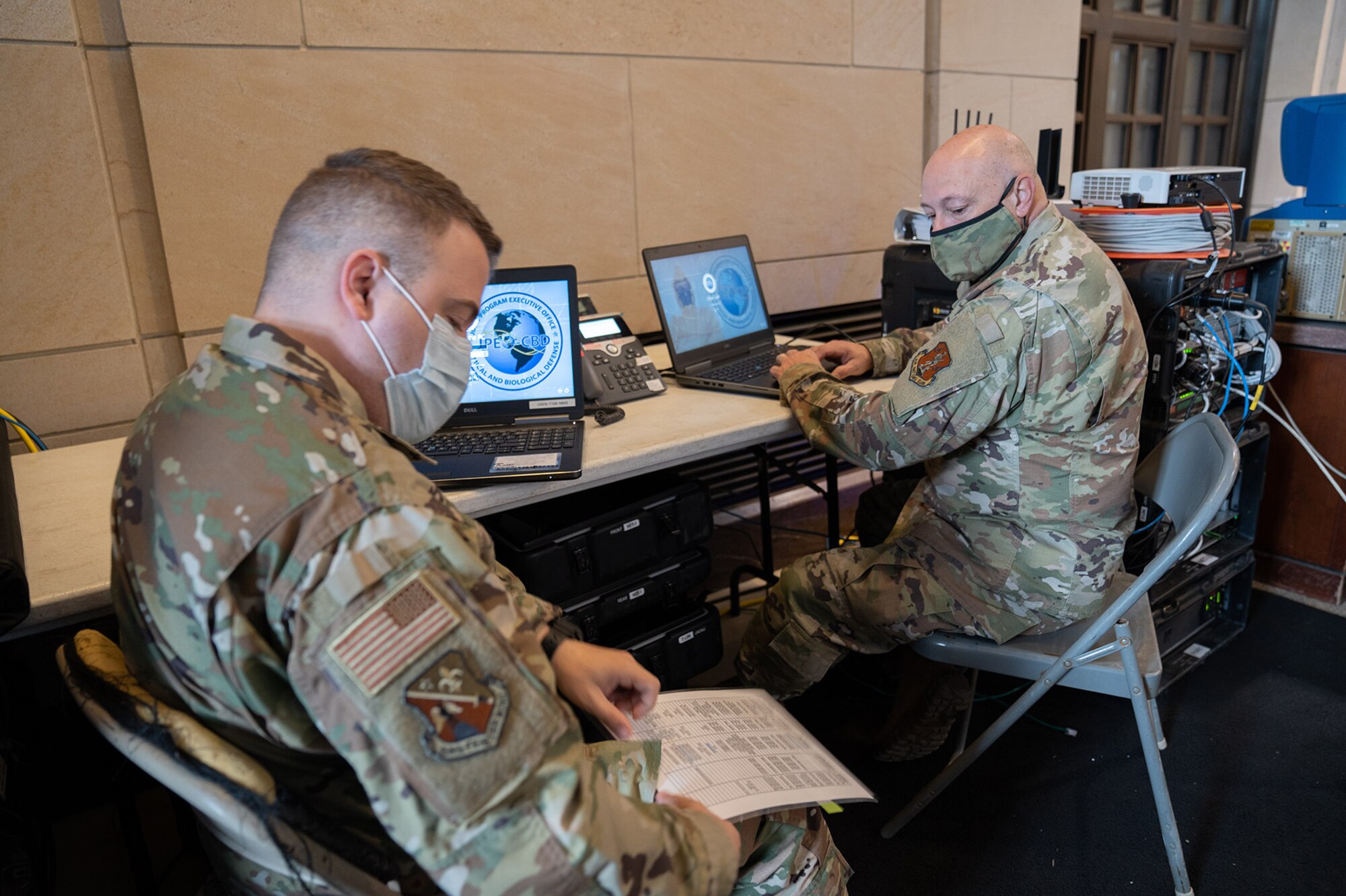 U.S. Airmen with the Louisiana Air National Guard’s 159th Fighter Wing and 236th Combat Communications Squadron set up communications equipment in the U.S. Capitol building in Washington, D.C., to ensure inter-operability with federal and district partners as part of support to the 59th Presidential Inauguration, Jan. 18, 2021. At least 25,000 National Guard men and women have been authorized to conduct security, communication and logistical missions in support of federal and District authorities leading up and through the inauguration. (U.S. Army National Guard photo by Staff Sgt. Josiah Pugh)
