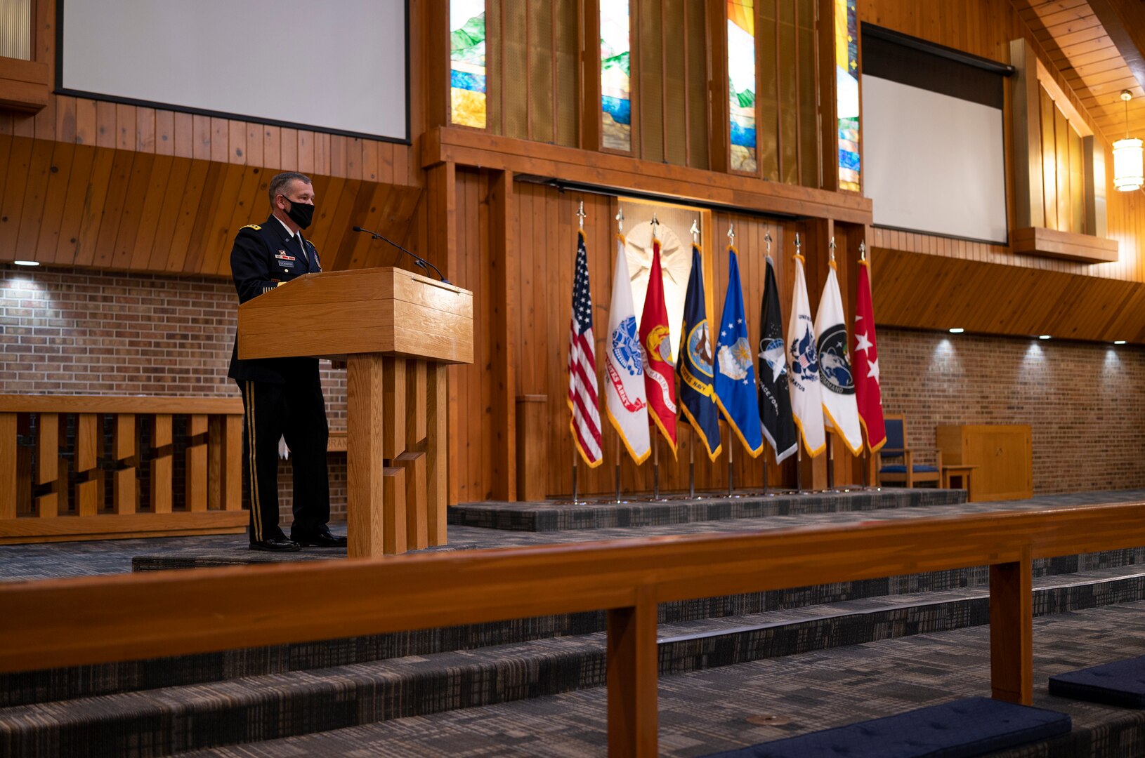 U.S. Army Gen. James Dickinson, United States Space Command commander, talks about service and sacrifice during a Gold Star flag dedication ceremony Jan. 25, 20201, at the Peterson-Schriever Garrison Chapel at Peterson Air Force Base, Colorado. The ceremony marked the beginning of a relationship between Fort Carson's Survivor Outreach Services Program and other organizations that support Gold Star families and members of USSPACECOM. (USSPACECOM photo by U.S. Air Force Staff Sgt. Dennis Hoffman)