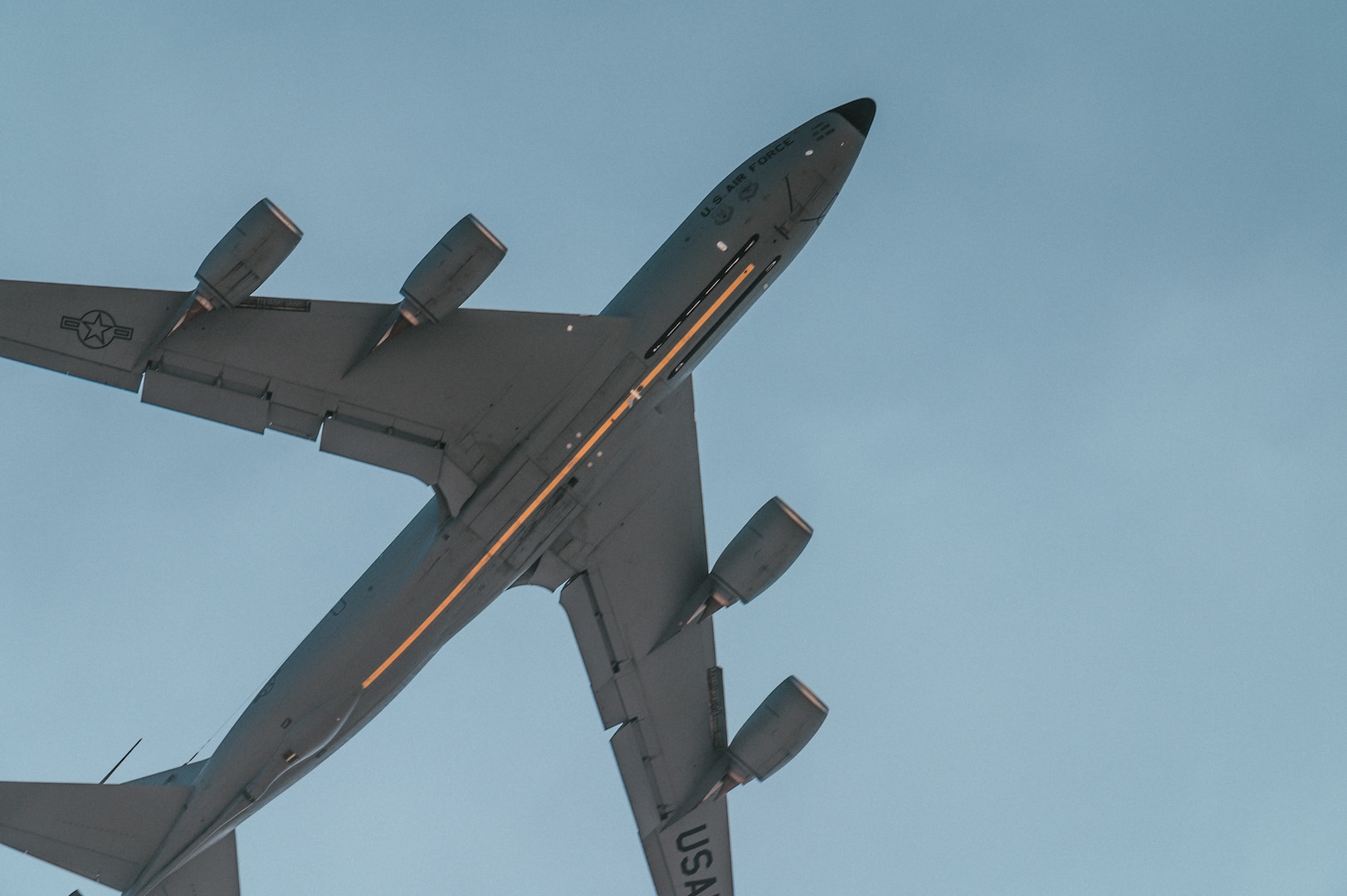 A U.S. Air Force KC-135 Stratotanker aircraft takes off from Al Udeid Air Base, Dec. 29, 2020. The jet took part in the first-ever cooperative air refueling of Qatar Emiri Air Force Rafale fighter jets. The 379th Air Expeditionary Wing has continued to forge resolute partnerships between Al Udeid AB and its host nation of Qatar through events like this.  (U.S. Air National Guard photo by Staff Sgt. Jordan Martin)
