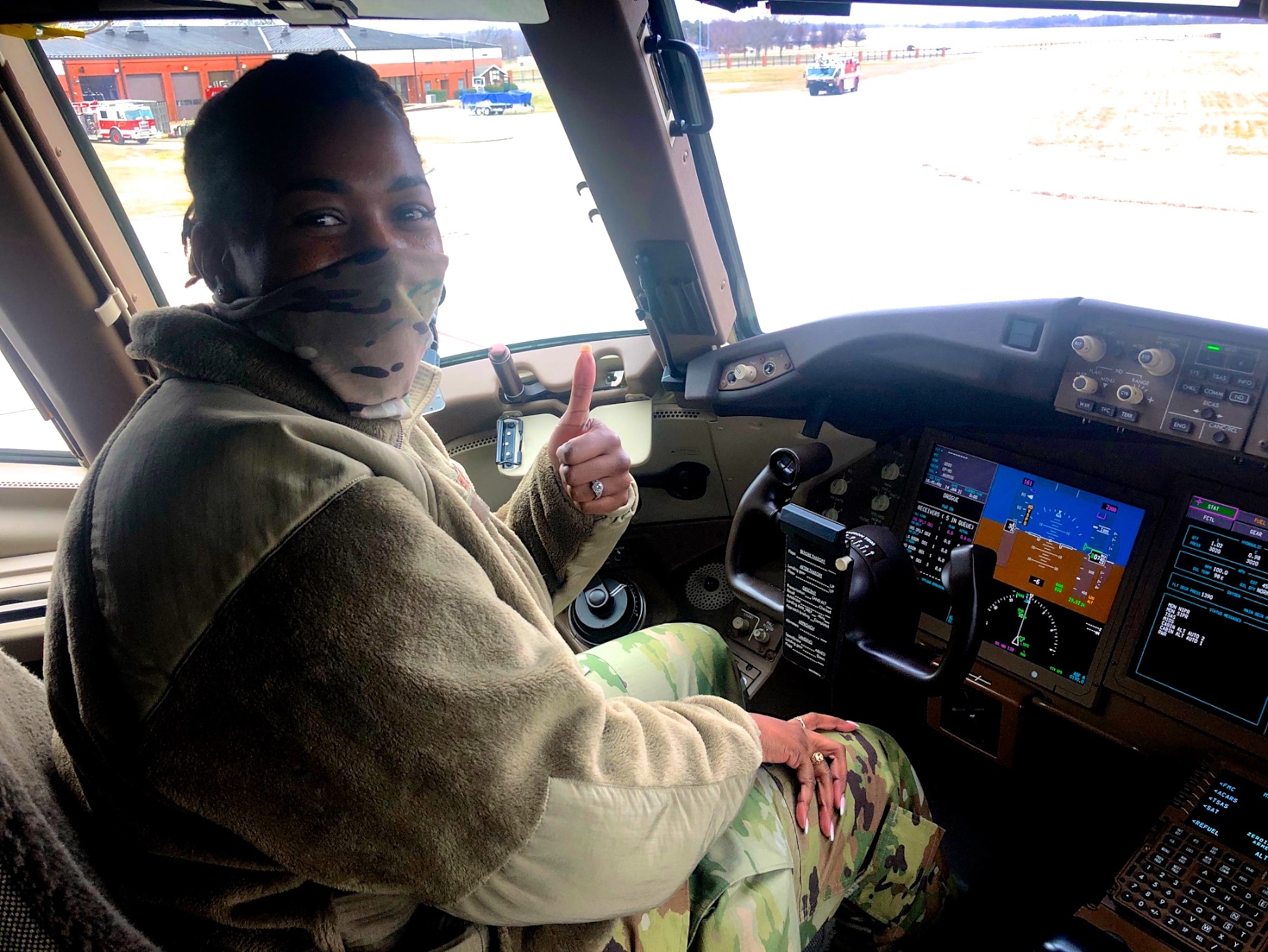 Master Sgt. Anisa Thomas, 932nd Aeromedical Evacuation Squadron health service manager, was given an overview of the cockpit of a visiting KC-46 on January 14, 2020, Scott Air Force Base, Ill.  "As ground personnel we're learning about how we can enter and assist with loading our equipment, and work better with crews," said Thomas.    The reserve Citizen Airmen familiarized themselves with one of the Air Force’s newest aircraft, the KC-46 Pegasus.

The training instructed  aeromedical members to strengthen and enhance their patient care skills and apply them while operating inside the KC-46.  During this training they had a chance to ask questions, see equipment working, and learn directly from a flight crew with the 157th Air Refueling Wing from Pease Air National ,Guard Base, N.H.  (U.S. Air Force photo by Lt. Col. Stan Paregien)
