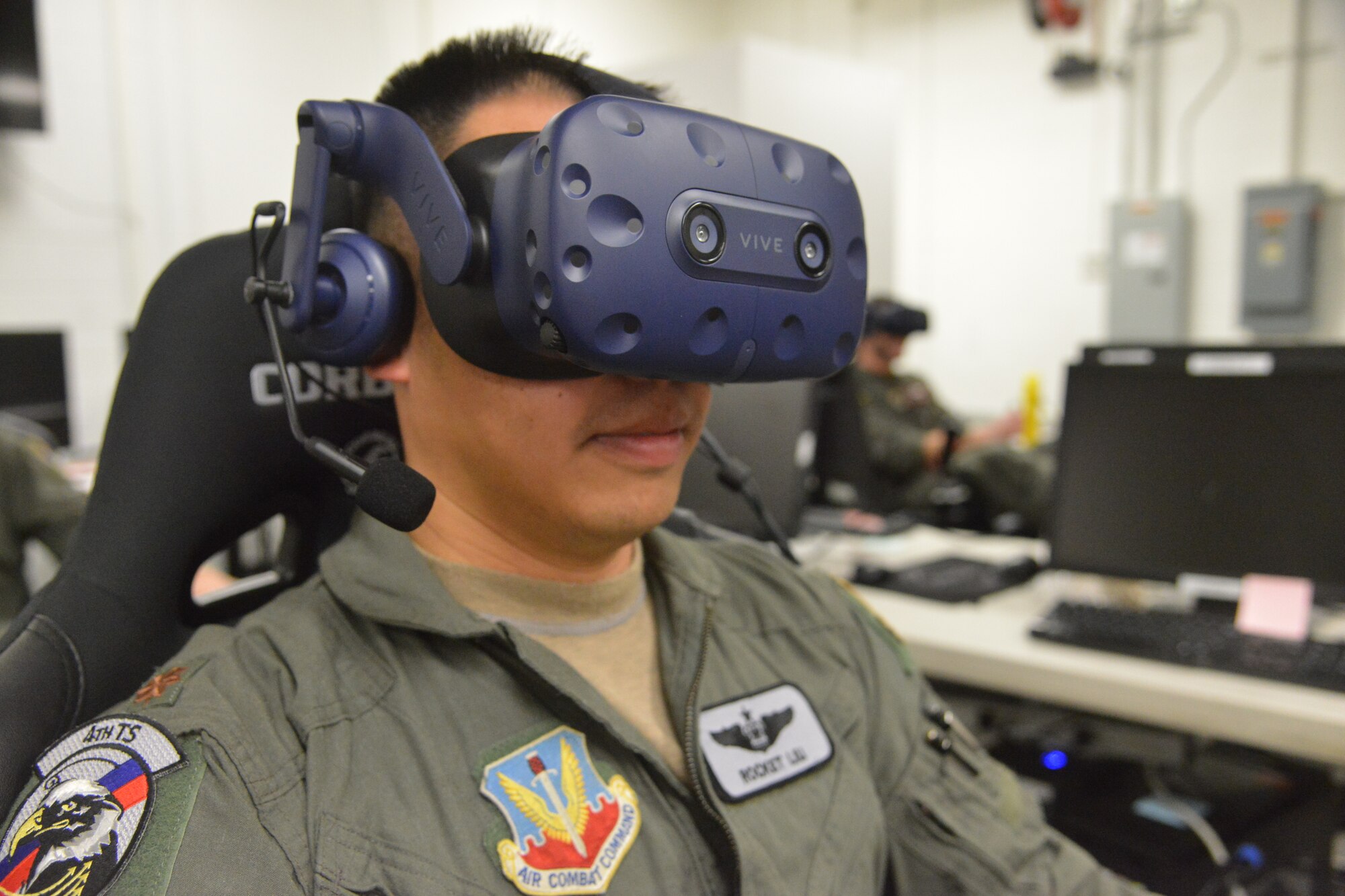 Maj. Daniel Liu, an F-15E weapon systems officer from Seymour Johnson AFB, N.C., participates in the Air Force Research Laboratory Directed Energy Utility Concept Experiment held at Kirtland AFB, N.M. Jan. 11-15. AFRL's Directed Energy Directorate held the capstone event to evaluate the capabilities of directed energy for the future battlefield. (U.S. Air Force photo/Todd Berenger)