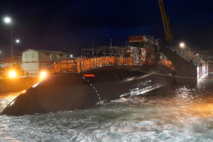 Undocking Charlotte from Pearl Harbor Naval Shipyard & Intermediate Maintenance Facilities Dry Dock #3 required the use of the shipyard’s buoyancy assist modules adding to the complexity of the evolution.