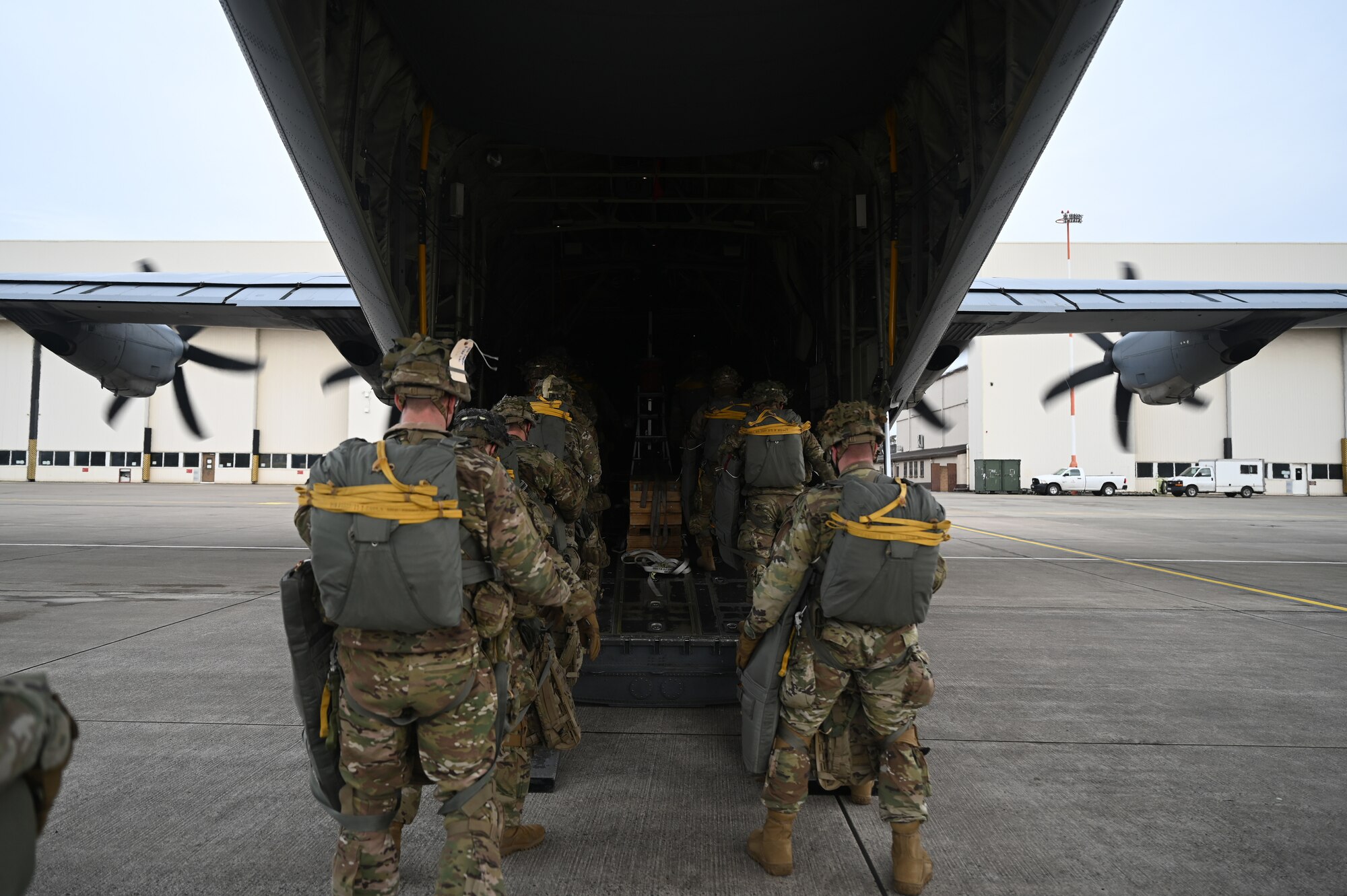 U.S. Army paratroopers assigned to the 1st Squadron (Airborne), 91st Cavalry Regiment, 173rd Airborne Brigade, assigned to Grafenwoehr Training Area, Germany, board a C-130J Super Hercules aircraft.