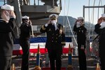 210120-N-SF23O-1036
SASEBO, Japan (January 20, 2021) CDR Christopher M. Causee salutes the side boys at the beginning of a change of command ceremony aboard the amphibious dock landing ship USS Germantown (LSD 42). Causee is relieved by Cullen M. Greenfield as commanding officer of Germantown. Germantown, part of Expeditionary Strike Group 7, along with the 31st Marine Expeditionary Unit, is operating in the U.S. 7th Fleet area of responsibility to enhance interoperability with allies and partners and serve as a ready response force to defend peace and stability in the Indo-Pacific region. (U.S. Navy photo by Mass Communication Specialist 2nd Class Gregory A. Pickett II/ Released)