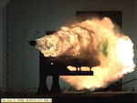 IMAGE: Photograph taken from a high-speed video camera during a record-setting firing of an electromagnetic railgun (EMRG) at Naval Surface Warfare Center, Dahlgren, Va., on January 31, firing at 10.64MJ (megajoules) with a muzzle velocity of 2520 meters per second. The Office of Naval Research's EMRG program is part of the Department of the Navy's Science and Technology investments, focused on developing new technologies to support Navy and Marine Corps war fighting needs. This photograph is a frame taken from a high-speed video camera.