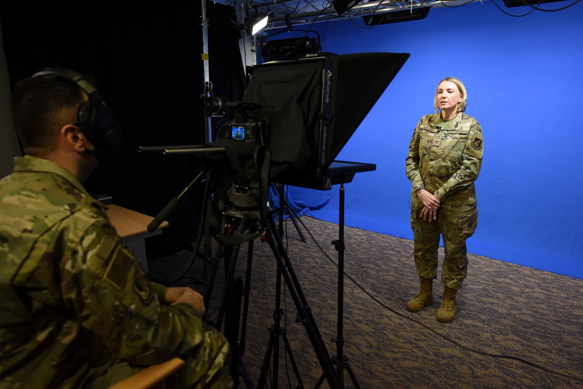 U.S. Air Force Col. Kirsten Aguilar, Joint Base Elmendorf-Richardson and 673d Air Base Wing commander, records a public service announcement in the 673d ABW Public Affairs studio at JBER, Alaska, Jan. 27, 2021. The recording highlighted the commanders message rescinding the Public Health Emergency originally declared on Nov. 9, 2020, due to the steady reduction in community transmission of COVID-19 and maintained medical capability and sufficient testing capacity, as well as announcing JBER entering Health Protection Condition BRAVO Jan. 29, 2021. (U.S. Air Force photo by Senior Airman Crystal A. Jenkins)