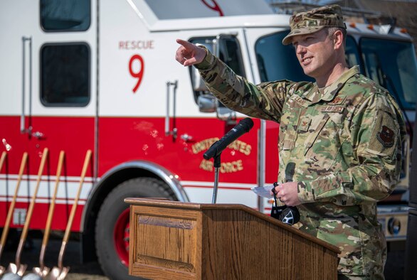 Col. Matthew Leard, 97th Air Mobility Wing commander, speaks during the Fire Rescue Center ground breaking ceremony at Altus Air Force Base, Oklahoma, Jan. 26, 2021. Once complete, the new station will house firefighting equipment and crews, a central fire alarm system, a 24-hour crew, and a colocated emergency communication center for security forces and the fire department. (U.S. Air Force photo by Airman 1st Class Amanda Lovelace)