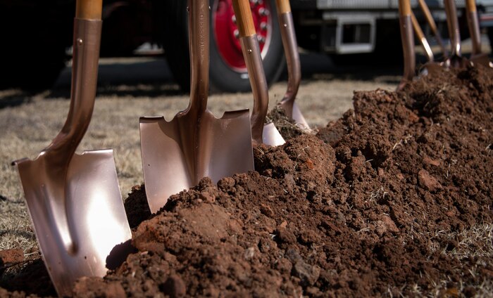 Shovels are placed in dirt at the Fire Rescue Center ground breaking ceremony at Altus Air Force Base, Oklahoma, Jan. 26, 2021. The construction of the new facility is scheduled to start Feb. 1, 2021 with a projected completion date of Aug. 1, 2022. (U.S. Air Force photo by Airman 1st Class Amanda Lovelace)