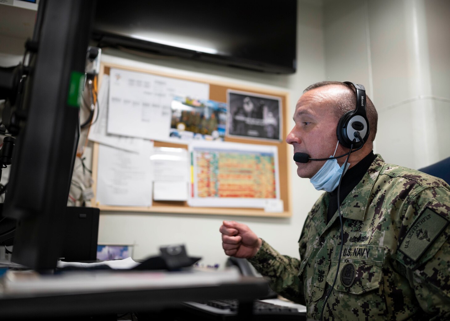210128-N-VD554-1015 YOKOSUKA, Japan – U.S. 7th Fleet Command Master Chief Jason Haka speaks with chief selects virtually aboard 7th Fleet flagship USS Blue Ridge (LCC 19). As the U.S. Navy's largest forward-deployed fleet, 7th Fleet employs 50-70 ships and submarines across the Western Pacific and Indian oceans. U.S. 7th Fleet routinely operates and interacts with 35 maritime nations while conducting missions to preserve and protect a free and open Indo-Pacific Region. (U.S. Navy photo by Mass Communication Specialist 3rd Class Aron Montano/Released)