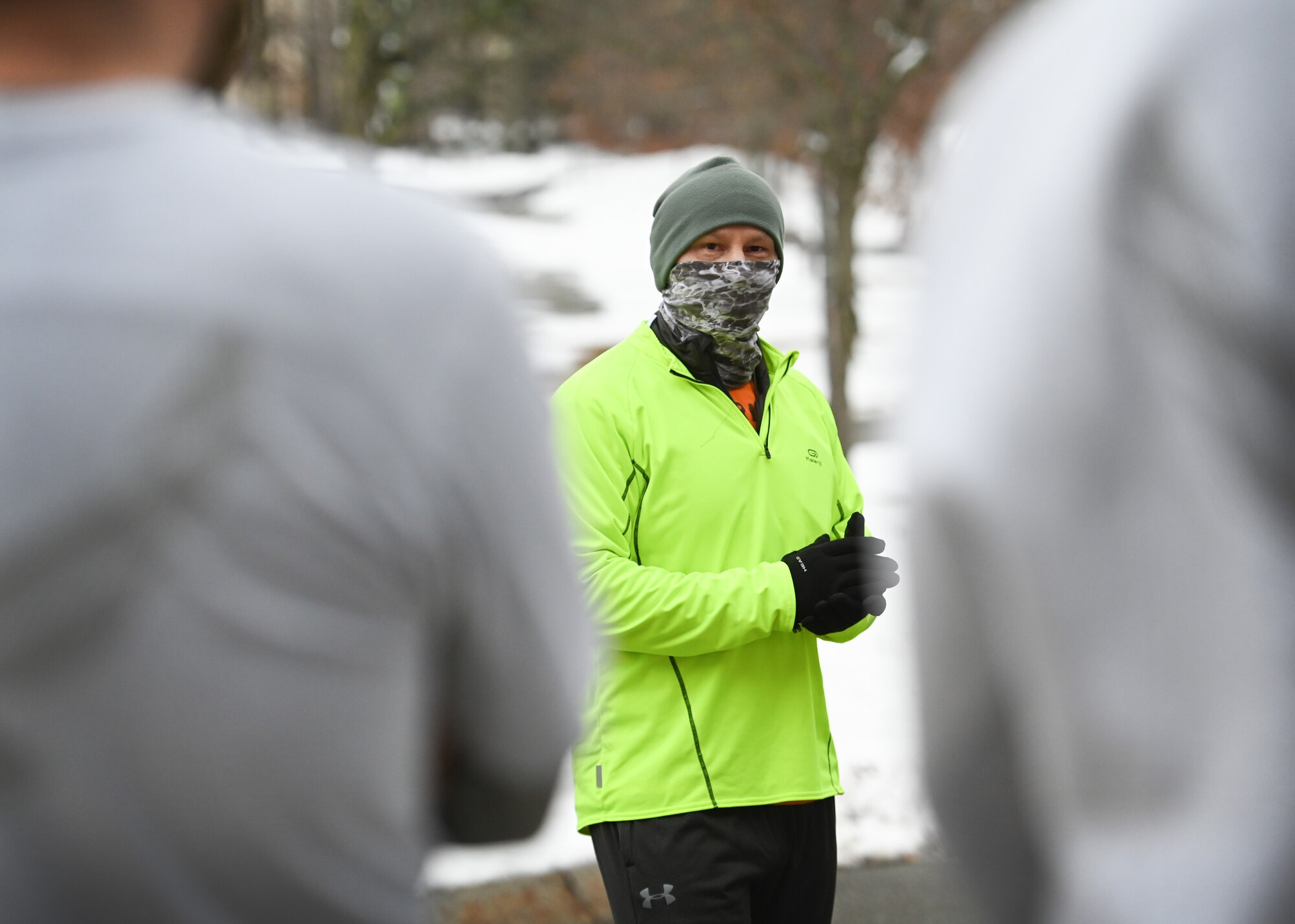 Lt. Col. Charles Silvanic, 66th Air Base Group deputy commander, speaks to members of the 66th Comptroller Squadron at Hanscom Air Force Base, Mass., before a 5K run to commemorate the life and service of a fallen finance Airman, Jan. 27. Col. James “Rob” Culpepper, director of Financial Management and comptroller for Air Combat Command, Joint Base Langley-Eustice, Virginia, lost his six month battle with Leukemia in December 2020. (U.S. Air Force photo by Todd Maki)