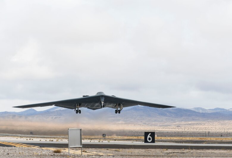 A B-2 Spirit Stealth Bomber takes off during Red Flag 21-1 at Nellis Air Force Base, Nevada, Jan. 26, 2021. The B-2’s stealth characteristics give it the ability to penetrate an enemy’s most sophisticated defense and threaten its most-valued, heavily defended targets while avoiding adversary detecting, tracking and engagement. (U.S. Air Force photo by Staff Sgt. Sadie Colbert)