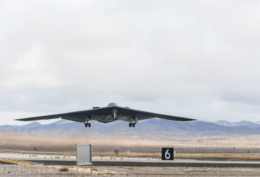 A B-2 Spirit Stealth Bomber takes off during Red Flag 21-1 at Nellis Air Force Base, Nevada, Jan. 26, 2021. The B-2’s stealth characteristics give it the ability to penetrate an enemy’s most sophisticated defense and threaten its most-valued, heavily defended targets while avoiding adversary detecting, tracking and engagement. (U.S. Air Force photo by Staff Sgt. Sadie Colbert)