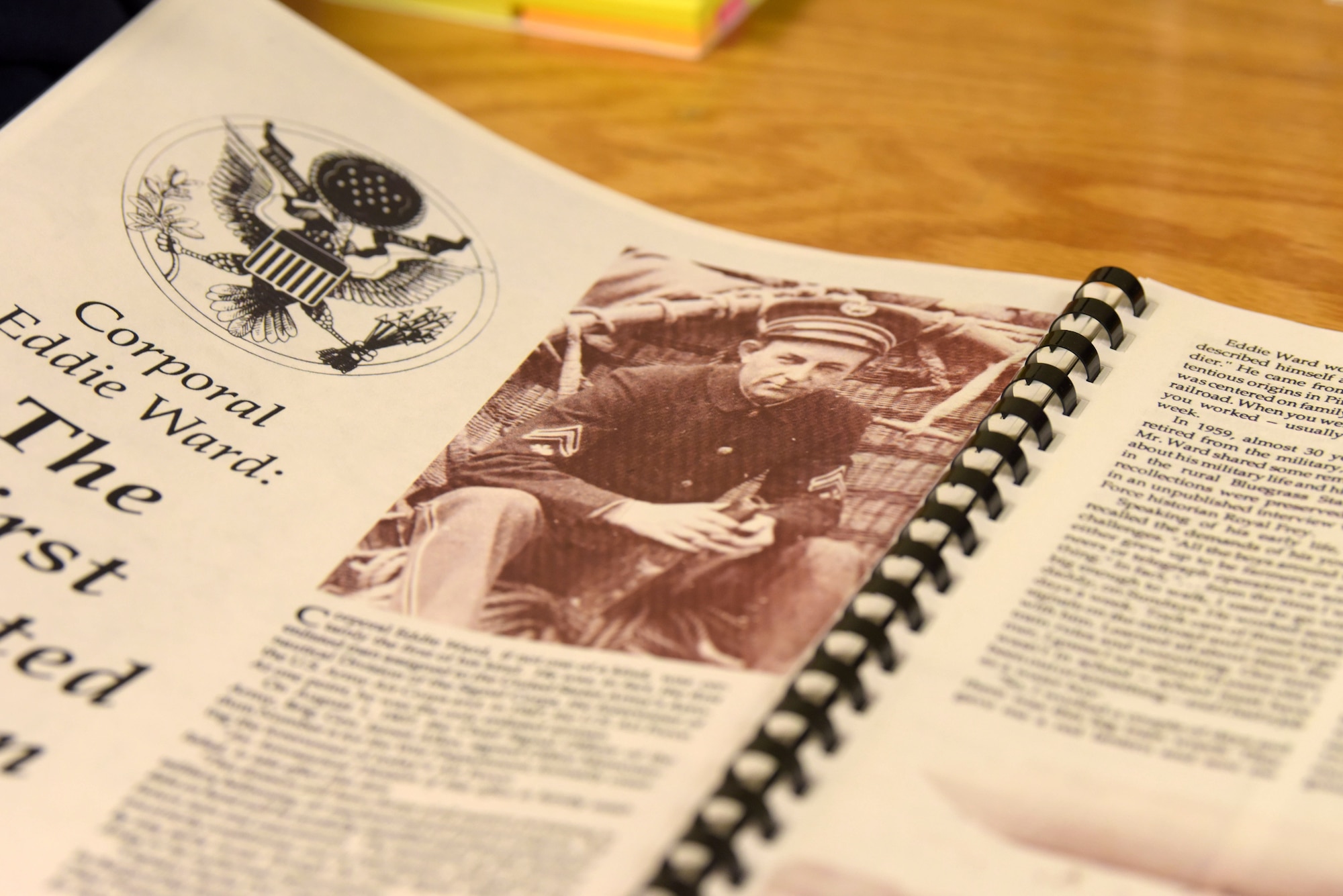 A passage about Cpl. Edward “Eddie” Ward lays on the table for leisurely reading, Jan. 8, 2021, at Kadena Air Base, Japan. The open house was hosted to commemorate innovative historical figures, as well as inspire Airmen to be innovative. (U.S. Air Force photo by Airman 1st Class Rebeckah Medeiros)