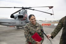 Lance Cpl. Alyssa David answer questions from local media at Marine Corps Air Station New River, N.C., January 22, 2021. Davis, a native of Bridgeport, Conn., serves as a maintenance administrative specialist at Marine Light Attack Helicopter Squadron 167. On the night of September 25, 2020, David came upon the scene of a vehicle collision where a tractor trailer struck a truck along Kinston Highway in Jacksonville, N.C. She immediately took charge of the scene, directed bystanders to call 911, and was able to triage and extract a toddler from the backseat of the vehicle. (U.S. Marine Corps photo by Lance Cpl. Yuritzy Gomez)