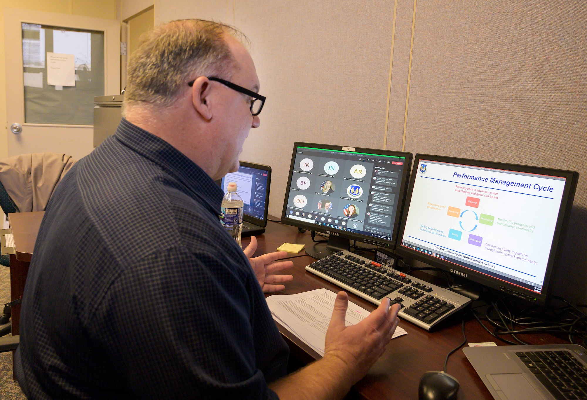 Robert Martin, employee-management relations specialist at the 88th Force Support Squadron’s Civilian Personnel Office, teaches a portion of the Air Force Materiel Command Supervisor Development Course remotely from the Wright-Patterson Air Force Base Education Center on Jan. 14. U.S. AIR FORCE PHOTO/R.J. ORIEZ