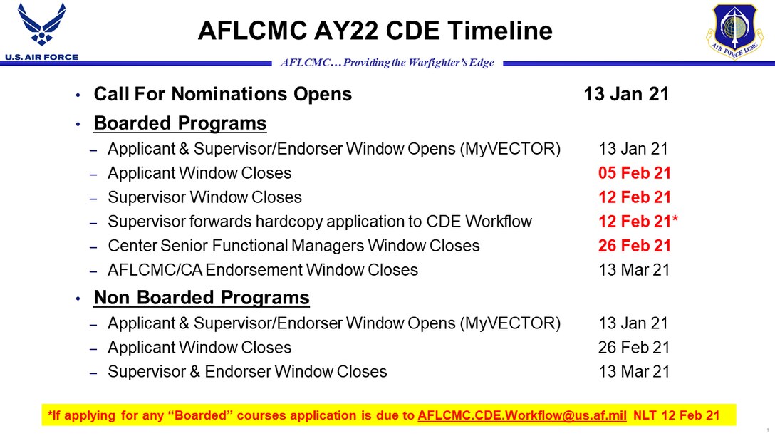 Some dates may change based on the program.  Contact AFLCMC/DPD if interested in applying.