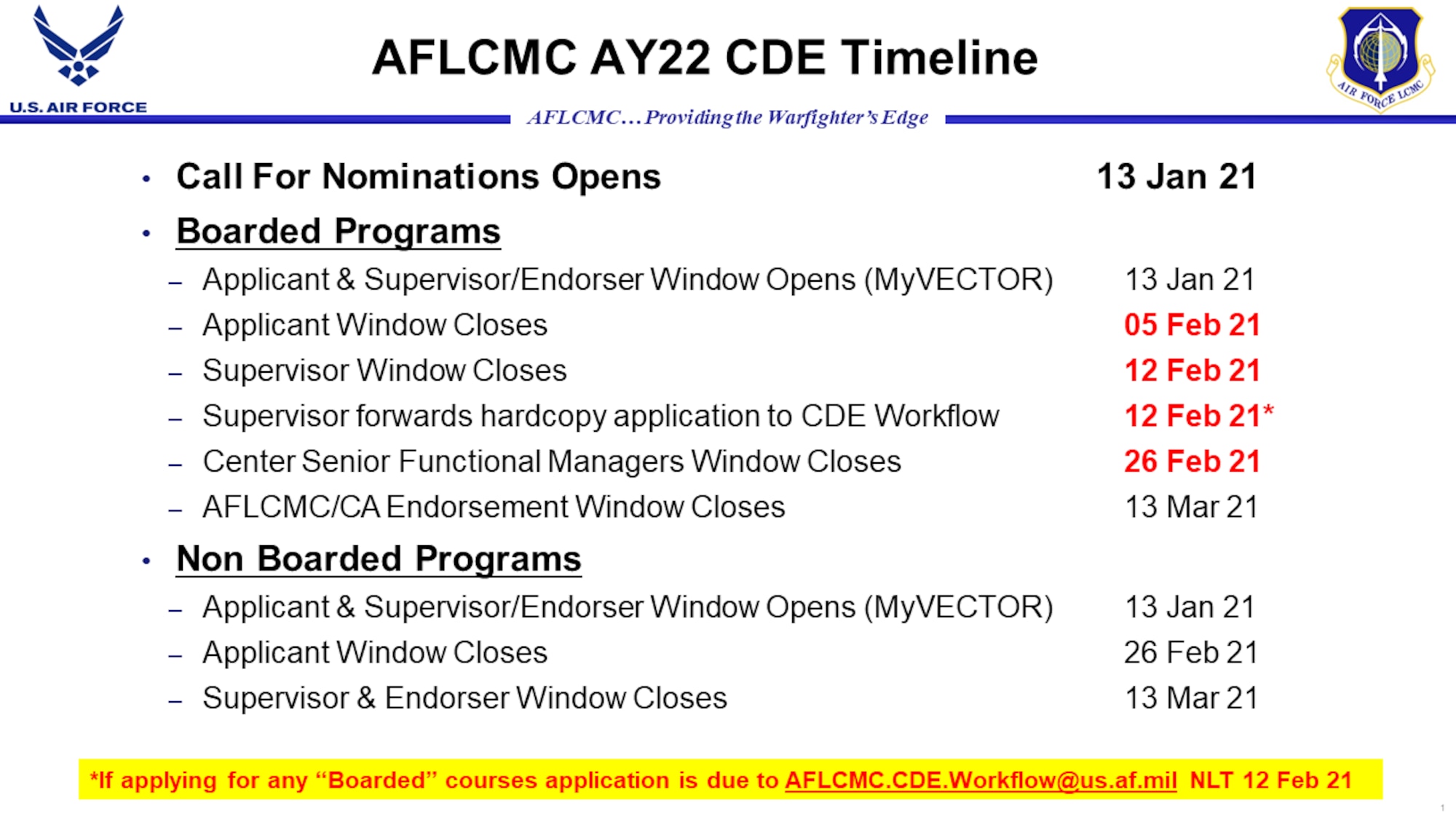 Some dates may change based on the program.  Contact AFLCMC/DPD if interested in applying.